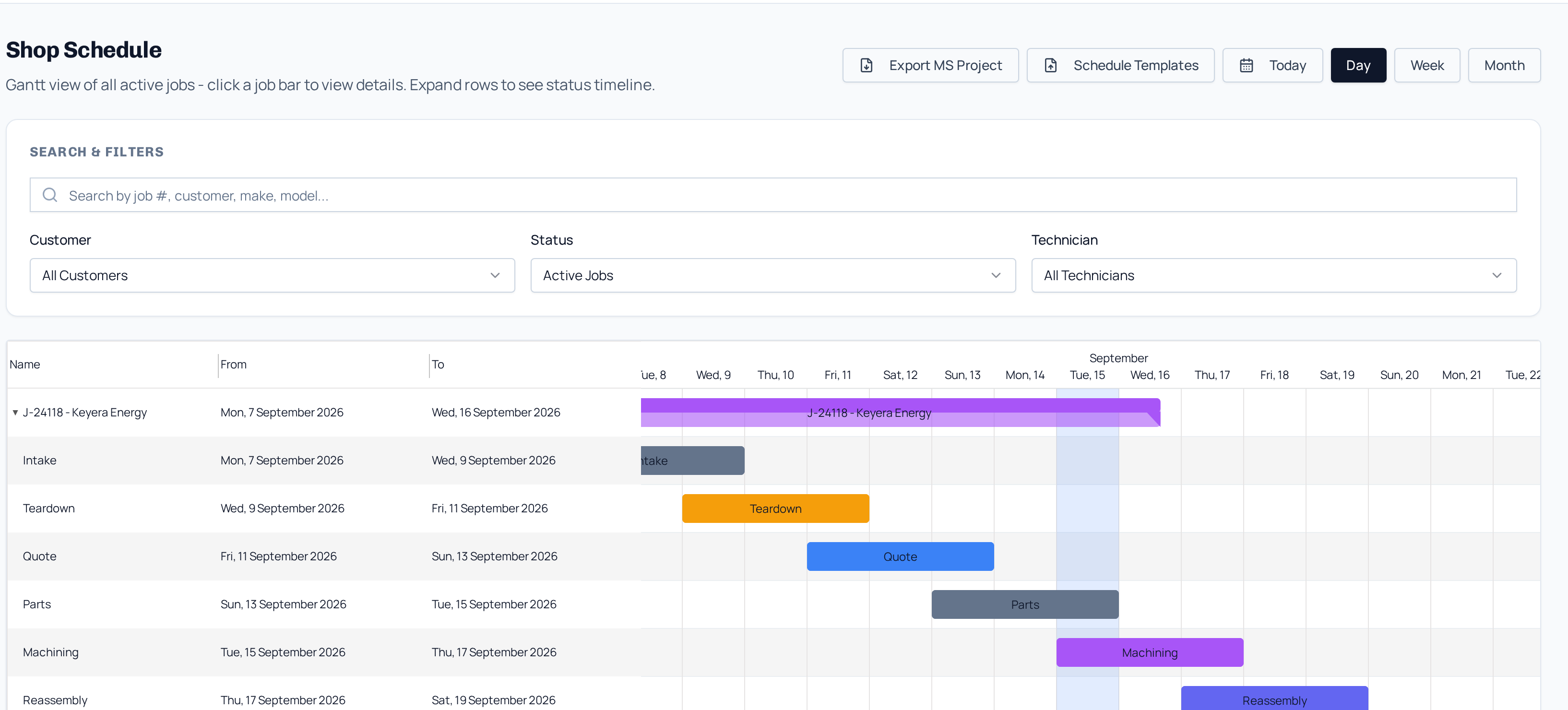 Screenshot of the ShopManager247 Gantt schedule showing six industrial repair jobs on a day-scale timeline, with job J-24118 expanded into colour-coded intake, teardown, quote, parts, machining and reassembly phase bars